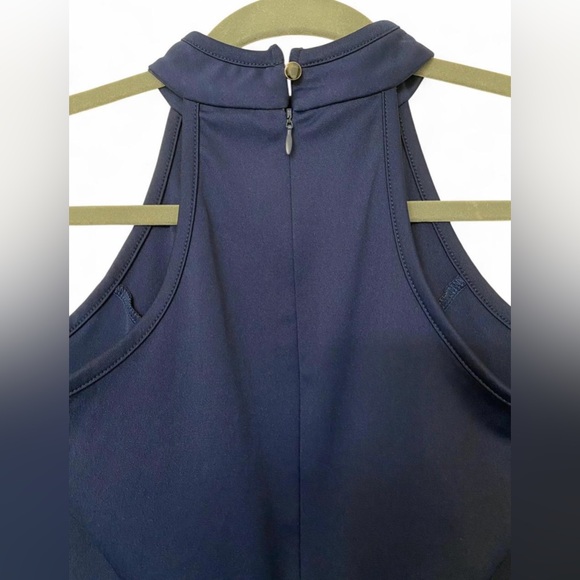 Navy Blue Sleeveless High Neck Ruffled Evening Gown - Picture 4 of 7